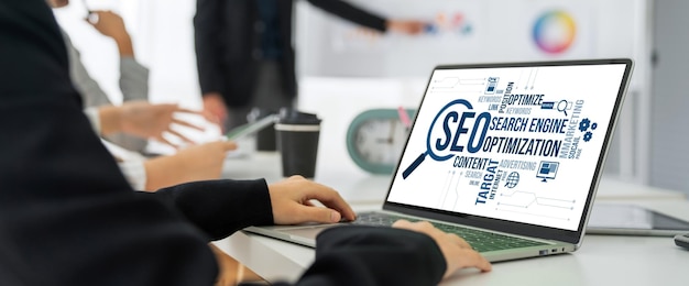 A digital marketing concept image illustrating SEO strategies for modern ecommerce and online retail businesses, featuring graphs, keywords, and a shopping cart.