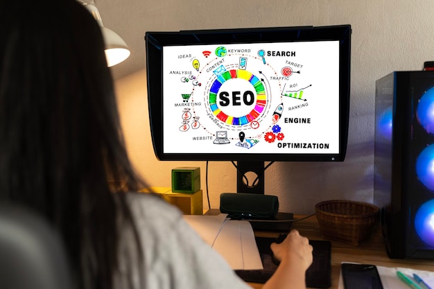 Um monitor de computador exibindo análises de SEO e métricas de classificação de sites, simbolizando estratégias de otimização para mecanismos de busca para o crescimento dos negócios.