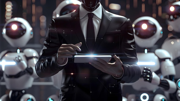 Um empresário de terno está usando um tablet digital, interagindo com um chatbot virtual exibido em uma interface futurista.