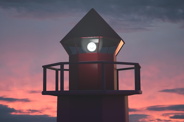 Um Céu do Pôr do Sol Vibrante Atrás de uma Torre de Farol Marinha Ativa, Exibindo um Tema Náutico.