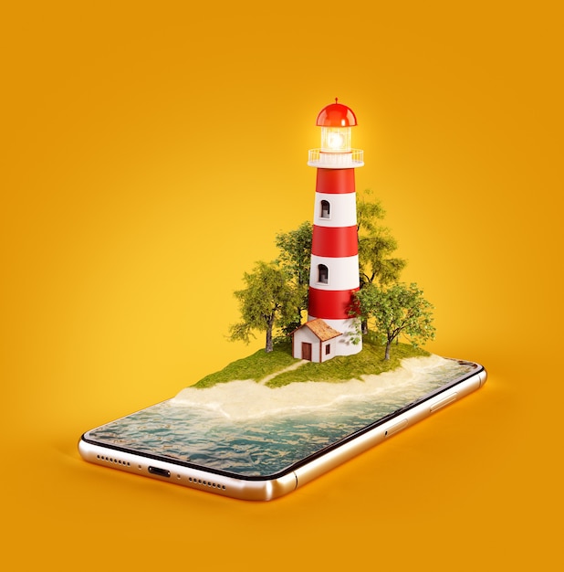 Uma ilustração em 3D de um farol aparecendo na tela de um smartphone, mostrando uma mistura de tecnologia e imagens marítimas.