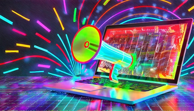 Um laptop em primeiro plano com um megafone atrás dele, cercado por coloridas luzes de neon, simbolizando vendas e marketing.